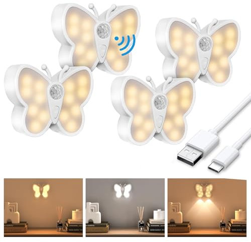 Wandleuchte Innen mit Bewegungsmelder 4 Stück LED Akku Nachtlicht Dimmbar Wandlampe mit 3 Modi Kabellose Flurlampe Schmetterling Deco Nachtlampe für Treppe Toilette Kinderzimmer Schrankbeleuchtung
