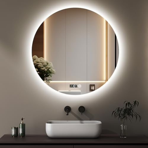 Boromal LED Badspiegel mit Uhr und Beleuchtung 70x70cm Rund Badezimmerspiegel 3 Lichtfarbe Dimmbar 3000-6500K 2352LM Kaltweiß Neutral Warmweiß Wandspiegel Lichtspiegel mit Touch Schalter, Uhr