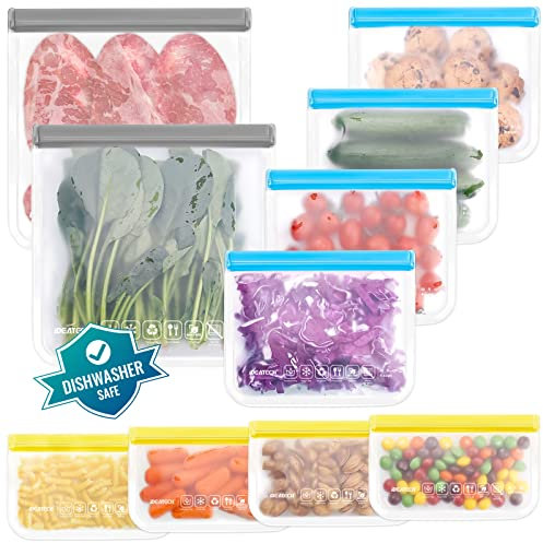 IDEATECH 10 Pack Reusable Freezer Bags, Reusable Silicone Food Storage Bags, Leak Proof Ziplock Airtight Containers for Lunch, Snacks, Fruits and Vegetables (2XL+4M+4S Packs)