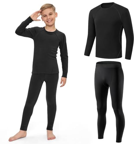 AUYAO Ensemble de Sous-Vêtement Thermique Enfant, Hiver T-Shirt à Manches Longues&Leggings Set, Vêtement Thermique Sport Respirants Thermiques Ensemble pour Ski et Football pour Garçon et Fille