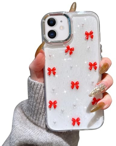 EYZUTAK Case for iPhone 12/12 Pro, Bling Glitter 3D Bowknot Case, Red Bow | Sparkly Crystal Clear Phone Cover, Bow Aesthetic Design, Slim Soft Durable TPU Transparent Protective Cover, for Women Girls