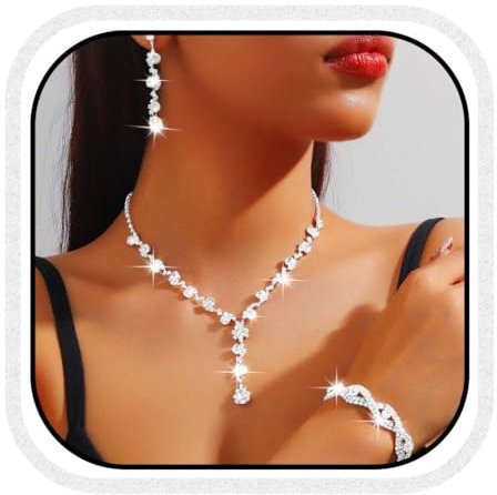 Reaky Brautschmuckset Strass-Halskette Silber Kristall Schmuck Sets 3-teilig Braut Hochzeitsaccessoires für Frauen (Silber)