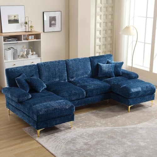 272CM Lange Sofa U-Form, Groß Couch mit Liegensitzen, Modulares Sofa 4 Sitzer Ecksofa mit Schlaffunktion für Wohnzimmer, Chenille-Stoff Blau