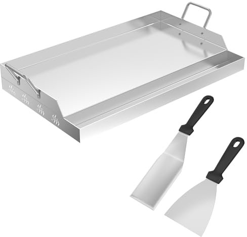 SUBTLETY Plaques de cuisson de jardin - 2 mm - En acier massif - Avec 2 spatules de barbecue, poignée et grilles de récupération de graisse - Plaque universelle pour barbecue à gaz et au charbon