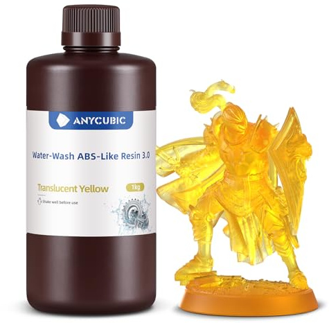 ANYCUBIC Wasser Waschbares ABS-Like Resin 3.0, Transluzent Gelb 1kg | 3D Drucker Resin mit Hohe Festigkeit und Zähigkeit, Geruchsarm, Hochpräzises 405nm UV-härtendes Harz für alle Harz 3D Drucker
