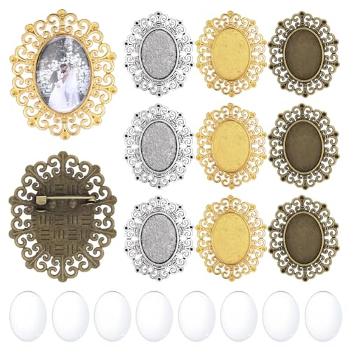 PH PandaHall 3 Couleurs Support de Broche Cabochon 12 Sets Plateaux Vierges Vintage avec Cabochons en Verre Épingles à Broche Ovales Support pour Cabochon Épingles Photo Base Bijoux Noël