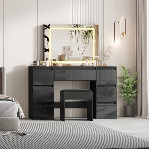 LSBIKE Schminktisch Hochglanz mit Spiegel, 7 Schubladen, Make-up Tisch für Schlafzimmer Möbel mit Hocker mit Soft Pad, Frisiertisch mit LED Beleuchtung, Schminktisch Set für Damen und Mädchen(Schwarz)