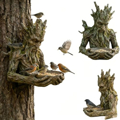 Millennial - Mangeoire pour oiseaux anciens - Pour l'extérieur - Décoration de visage d'arbre, mangeoire pour oiseaux, sculptures d'arbre anciennes, mangeoire pour oiseaux sauvages montées (#A)