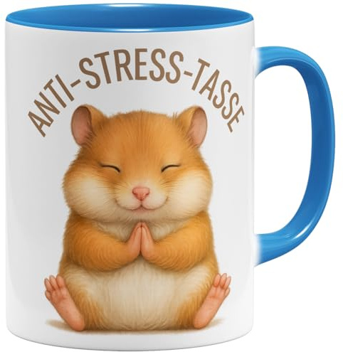 OM3® Hamster Anti-Stress Kaffee-Tasse mit Spruch - lustige Keramiktasse Namaste-Motiv - Meditationspose - Keramik Becher - 325ml - Beidseitig Bedruckt - Hellblau