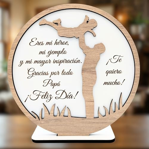 Regalo Personalizado Día del Padre - NIRALIS - Placa circular madera blanca roble grabado láser texto personalizable dedicatoria trasera para papá decoración soporte - 20 cm