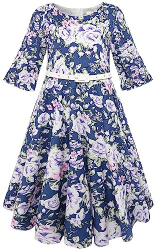 BONNY BILLY Vestito Bambina Elegante Cerimonia Festa Floreale Vintage Invernale Manica Lunga con Cintura 7-8 Anni Viola