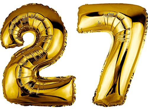 DekoRex Folienballon Gold 40cm Geburtstag Jubiläum Hochzeit Deko (Zahl 27)
