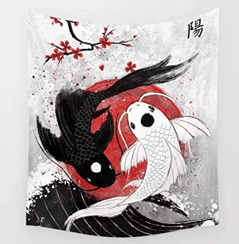 RKZM Tapisserie Wanddekorationen Koi Fisch Yin Yang Wandteppich Abdeckung Strandtuch Decke Picknick Yoga Matte Dekoration Wohnzimmer Schlafzimmer wohnheim Raumdekoration 150 * 200 cm