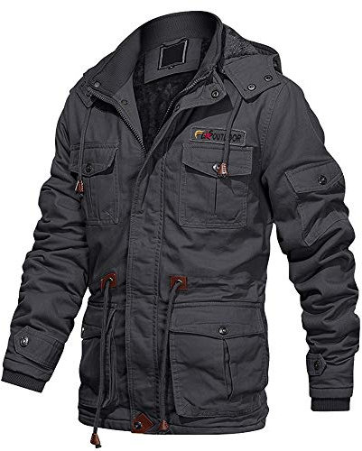 EKLENTSON Mens Winter Jackets Cargo Fleece Coats Workout Camping Hiking Thick Multi Pocket with Removable Hood Grey