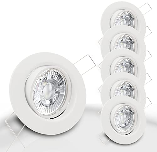 trendlights24 Decora Decken Einbaustrahler flach 35 mm 230V 5er Set - LED Spots je 5W Neutralweiß 400lm austauschbar - Weiß schwenkbar 68 mm