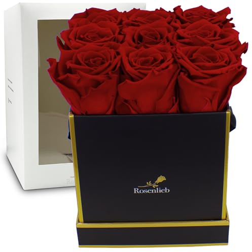 Rosenlieb Rosenbox mit 9 Infinity Rosen (3 Jahre haltbar) | Echte konservierte Blumen | Handgefertigte Flowerbox Inkl. Grußkarte |Geschenk für Frauen Valentinstag Muttertag (Square Schwarz, Rot)
