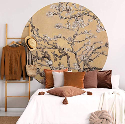 Tapete Fototapete Vlies Vliestapete Rund van Gogh Mandelblüte creme Schlafzimmer Wohnzimmer Wanddeko Tapetenpaneele inkl. Schablone (140x140cm)