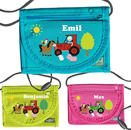 MissRompy | Brustbeutel Traktor mit Name (871) und Sicherheitsverschluss Jungen Umhängebeutel breast bag Portemonnaie