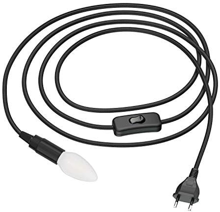 ledscom.de Textilkabel LEHA mit Stecker und Schalter schwarz 3 m inkl. E14 LED Lampe matt 4,066W 424lm, warmweiß