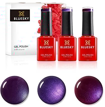 Bluesky Juego de esmaltes de uñas de gel, morado, uva morada, 80551, Lilac Sparkle A064, Violette Sparkle 80543, 3 x 5 ml (requiere secado bajo lámpara UV o LED)