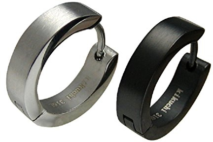 Kikuchi Herren Ohrringe Edelstahl Klapp Creolen Männer Schwarz Silber Matt 4mm/16mmØ ER15105