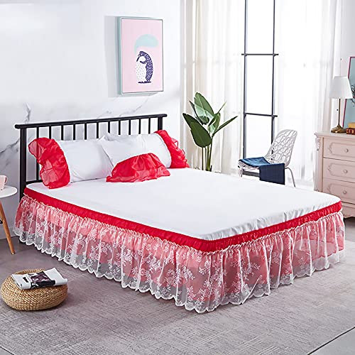 Yinghesheng Dentelle Jupe de lit,Jupe de lit enveloppantes Autour du lit Jupes de lit à Volants Cache Sommier Résistant aux Rides et à la décoloration Autour élastique Solide,Rouge,200x200+40cm