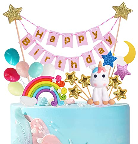 Jxuzh Tortendeko Geburtstag Einhorn kuchendeko Regenbogen Happy Birthday Einhornparty Tortendekoration Kuchen Topper Regenbogen Happy Birthday Topper Sterne Kuchenaufsatz für Kinder Mädchen Junge