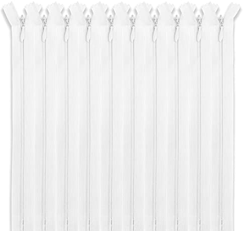 MARARDI [Packung 10] Unsichtbaren Reißverschlüssen [Weiß] Nylon [22 cm] Nähen und Basteln zum Kleidung Taschen Stoff für Nähmaschine Patchwork Plastik Baumwolle Zipper mit Metallreißverschluss