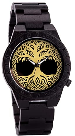 YCYR Wikinger Baum des Lebens Holzuhr, Herren Nordische Mythologie Yggdrasil Rune Quarzuhren, Handgefertigte Vintage Verstellbare Armband Schmuck Geschenk