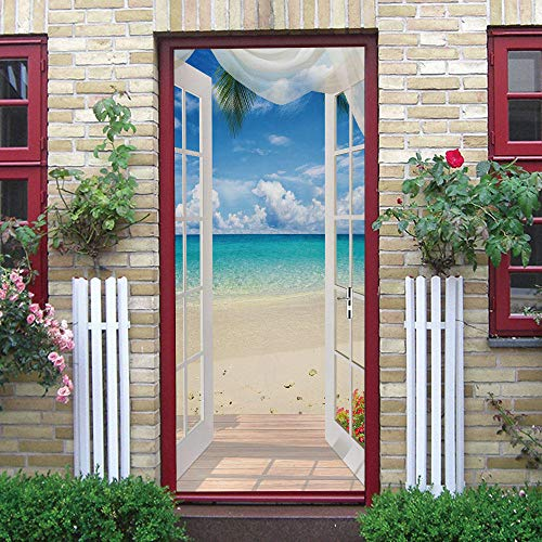 Xxellie 3D Türposter Blauer Himmel Türen Und Fenster Meerblick 60X200Cm Türfolie Selbstklebend 3D Türposter Türaufkleber Türtapete Door - Fototapete