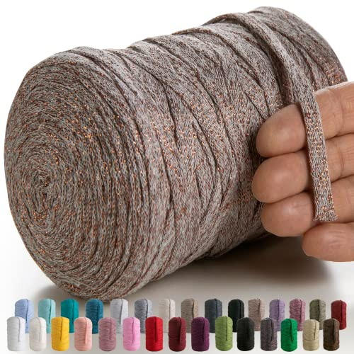 MeriWoolArt® Makramee Textilgarn zum Häkeln und Stricken - DIY glitzern flache T-Shirt Band Garn Dicke 10 mm, 125 m - Recyceltes Baumwollgarn mit Lurex, Viscose (Lurex Hellgrau)