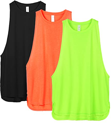 icyzone Damen Sport Tank Top Locker - Yoga Fitness Shirt Atmungsaktive Laufshirt Sport Gym Oberteile, 3er Pack (L, Black/Neon Green/Neon Orange)