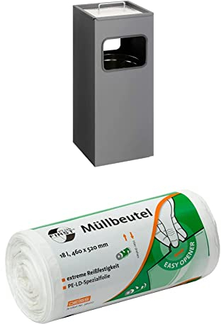 Durable Papierkorb Metall mit Ascher eckig, anthrazit, 333158 + Müllbeutel DEISS FIRST PLUS weiß 18 L, 50 Stück