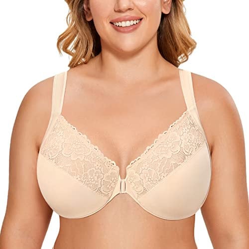 DELIMIRA Women's Front Fastening Bras Unlined Lace Plus Size Support Underwire Beige 42DD