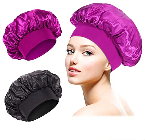 2 Stück Seidenhaube zum Schlafen Satin Bonnet für Locken, Seide Schlafmütze Damen, Weiche Nightcap Elegante Sleep Cap Silk Schlafhaube Verstellbare Nachtmütze Haarschutz mit Gummizug(Schwarz, Violett)