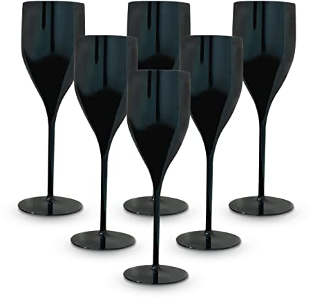 BRYNA - Set 6 Stück Gläser Flute 18 Cl aus Polycarbonat (Hartkunststoff), 100% italienisches Design, Unzerbrechliche Gläser, wiederverwendbare und spülmaschinenfeste Weingläser, Schwarz