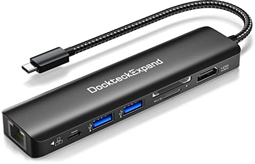 DockteckExpand Adaptateur multiport USB C 7 en 1 avec port HDMI 4K 60 Hz, Ethernet 1 Gbit/s, PD, 2 ports USB 3.0, lecteur de carte SD/TF pour MacBook, iPad, HP, Dell XPS et plus encore