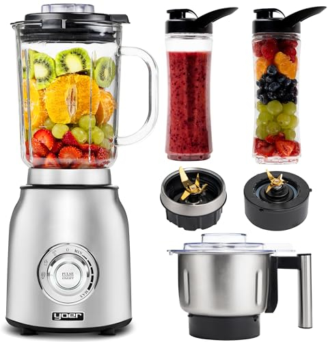 Yoer Titano JB03S, Standmixer, 1800W, 4-in-1, 2,4L Glasbehälter, Automatikprogramme, Edelstahl INOX, Kaffeemühle, Nussmühle, 2 Bidons, BPA-frei