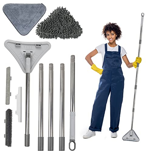 mumisuto Mopa Limpieza Triangular Ajustable,Trapeador de Limpieza Ajustable Giratorio de 180 Grados,Limpiador de Polvo seco y Húmedo con Mango Largo de Extensible para Suelos y Ventanas (85 Pulgadas)