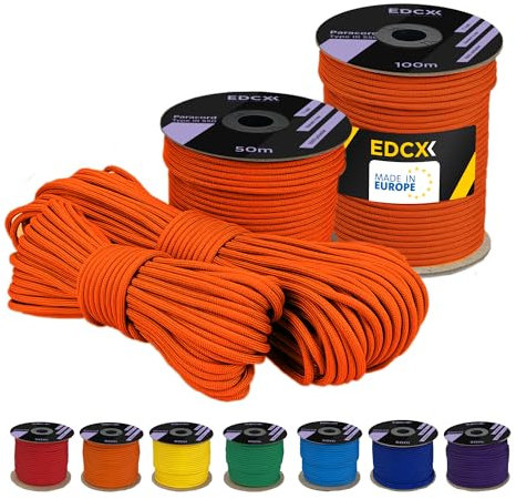 EDCX 4 mm Polyester Paracord 550 25+ Farben (15, 30 und 50 m) – Typ III, 100% Nylonseil, 7 Litzen Seil, 4mm Nylonseil in vielen Farben | Solid Colors (Sofit Orange, 15 m)