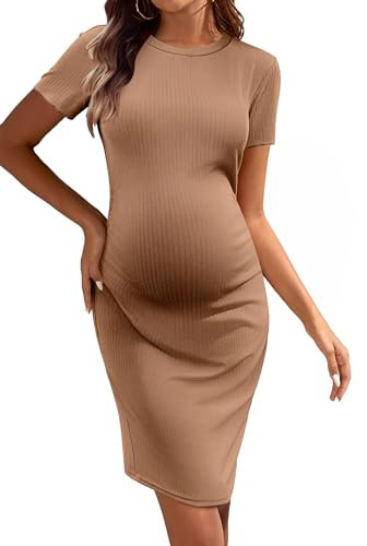 Ekouaer Damen Umstandskleider Sommer Kurzarm Full Slip Umstandsmode für Schwangere, Khaki M