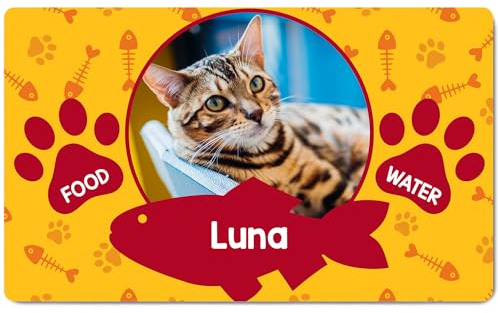 Ferocity Tapis pour gamelles personnalisé avec Photo et nom | pour Chats | Taille 45 x 75 cm | sous-Couche en Caoutchouc de 4 mm | Motif pour Animaux de Compagnie | Couleur Fish [140]