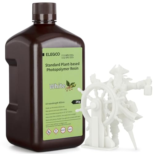 ELEGOO Standard 3D Drucker Resin auf Pflanzlicher Basis mit Extrem Geringem Geruch und Hoher Präzision, 405 nm UV Photopolymerharz, Schnelle Aushärtung Harz für Resin 3D Drucker Weiß 2000g