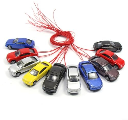 10 Stück Modellautozug, beleuchtetes Modellauto, Zug im Maßstab 1:87 ~ 1:100 H0 im beleuchteten Modellautozug, 45 x 16 x 11 mm bemalte Modellautos, Gebäudebahn-Landschaft