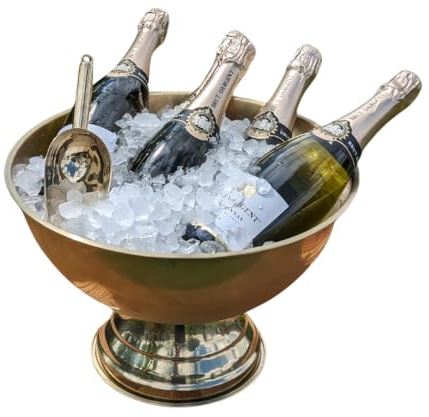 OAK7 Premium Edelstahl goldener Champagnerkühler mit Eisschaufel, großer runder Wein und Sektkühler, 8 Liter, kühlt bis zu 5 Flaschen, XL Flaschenkühler für Feiern und Hochzeiten