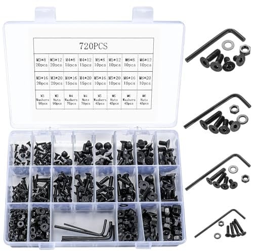 720 Pcs M3 M4 M5 M6 Bolts Set, Flat Hex Socket Head Cap Screws Bolts and Nuts Set, Countersunk Head Machine Screws Nuts Assortment Kit, Black