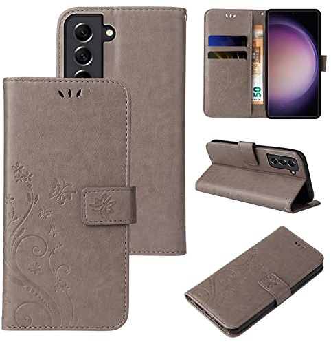 LBH Handy Hülle für Samsung Galaxy S23 FE Case Handytasche Schmetterling Blumen Flower Standfunktion Schutzhülle Magnet Rundum Schutz 360 Grad Flipcase Cover Grau