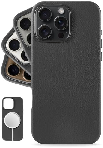 LONLI Urban - für iPhone 16 Pro hülle Leder- Europäische Echte Pebble Lederhandyhülle - Europäische Eleganz, Modernes Design - [Kompatibel mit Magsafe] - Schwarz