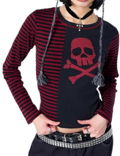 Emo Striped Long Sleeve Tops Y2K Gyaru Grunge Vintage Aesthetic Harajuku Graphic Acubi Tee Shirts 2000s Streetwear Clothes (Red, S)