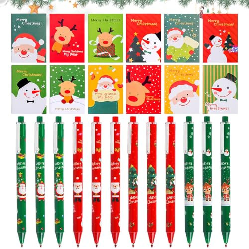KIKVTER Weihnachten Kleinigkeiten, 24 Stück Weihnachten Schreibwaren Set, Weihnachts Mini Notizblock, Weihnachten Neutral Stift, Weihnachten Papeterie Set für Kinder, Geeignet als Geburtstagsgeschenk